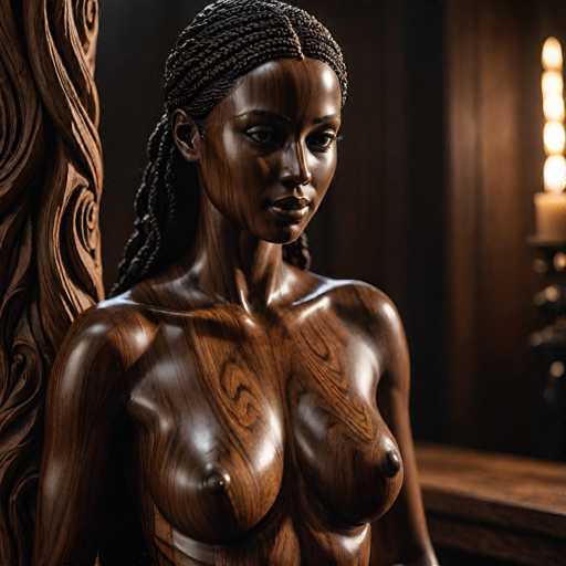 This image features a striking statue of a woman, meticulously crafted from wood. The statue, which appears to be AI-generated, showcases a dark-skinned woman with intricately braided hair cascading down her back. Her face is adorned with a serene expression, and her well-defined features include a long nose and full lips. The statue's chest is prominently displayed, with detailed breasts and visible nipples, adding to the lifelike quality of the artwork. The statue's arms are positioned at her sides, and her shoulders are slightly raised, giving her a poised and elegant stance. The background is a rich brown, complementing the statue's wooden texture. To the right of the statue, a lit candle adds a warm glow to the scene, while to the left, a wooden pillar stands tall, enhancing the overall composition.