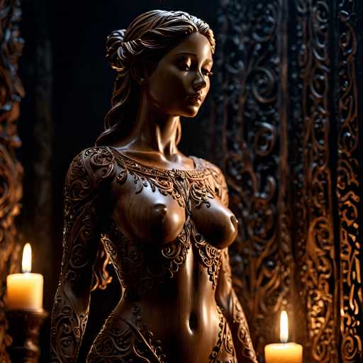 The image depicts a detailed, AI-generated statue of a woman, seemingly crafted from wood or bronze, with a rich brown hue. The statue is positioned centrally, facing slightly to the right, with her eyes closed and her lips gently curved. Her long, wavy hair is styled in a bun at the back of her head. She is adorned with intricate, swirling patterns that cover her body, extending from her neck down to her hips, and from her elbows to her wrists. The statue's chest is exposed, revealing her breasts, and her belly button is visible. Surrounding the statue are two lit candles, one on each side, casting a warm glow. The background features a dark, ornate wall with swirling designs, enhancing the statue's classical and serene aesthetic.