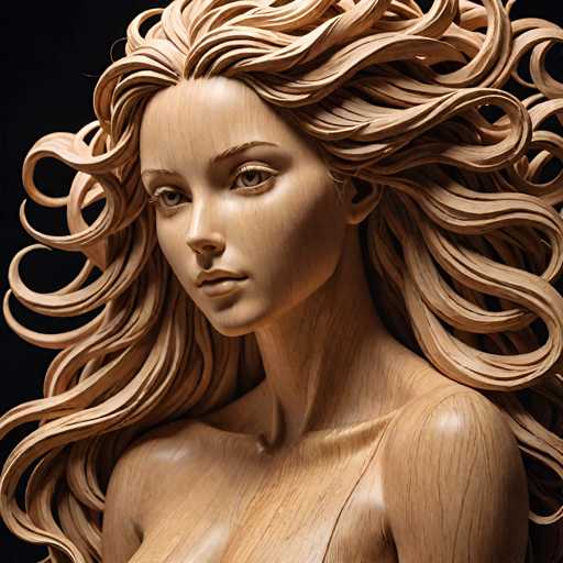 A wooden sculpture of a woman with long blonde hair and a serene expression is the central focus of the image. The sculpture is carved from wood, showcasing intricate details that bring it to life. The background is black, which contrasts with the light brown color of the sculpture, making it stand out even more.