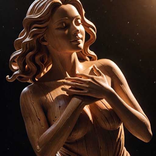A wooden sculpture of a woman with long hair and a dress is the central focus of the image. The sculpture is captured from a side angle, showcasing its intricate details and craftsmanship. The background is dark, which contrasts with the light source illuminating the sculpture, highlighting it as the main subject in the image.