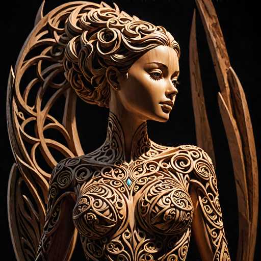 The image depicts a highly detailed, computer-generated statue of a woman, resembling a wooden carving with intricate swirls and patterns adorning her body. The statue, which appears to be made of a light brown material, possibly wood or plastic, features elaborate carvings that cover her entire form, including her face, hair, neck, shoulders, arms, and chest. Her hair is styled in a bun, and she has blue eyes and red lips, with her gaze directed to the right. The statue's chest is accentuated by a blue jewel situated between her breasts. Surrounding the statue are large, curved wooden elements that resemble wings, adding to the ethereal and intricate design of the piece. The background is black, which contrasts sharply with the statue's light brown color, making it stand out prominently.