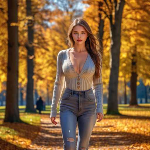 A young woman with long, flowing brown hair stands confidently in a picturesque park setting. She is dressed in a stylish gray sweater adorned with buttons down the front, paired with blue jeans that feature a trendy rip at the knee. The background reveals a serene park with a winding path, lush green grass, and trees showcasing vibrant yellow leaves, indicative of the fall season. The woman's striking appearance is complemented by her bold red lipstick, and her gaze is directed straight at the camera, exuding a sense of poise and self-assurance.