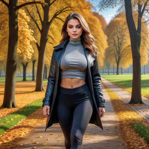 A highly detailed, AI-generated image depicts a woman walking down a sidewalk in a park during autumn. The scene is set against a backdrop of trees adorned with vibrant yellow leaves, some of which have fallen to the ground. The woman, who appears to be in her early 20s, has long, wavy brown hair and is dressed in a gray crop top that reveals her midriff, paired with black leggings. She also wears a black leather jacket. Her facial features are strikingly realistic, yet her eyes appear slightly off, hinting at the image's artificial origins. The overall composition is very lifelike, with the only noticeable flaw being the woman's eyes.