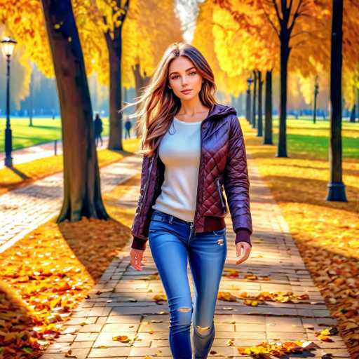 A young woman with long, flowing brown hair walks down a wide, paved sidewalk in a park. She is dressed in a stylish ensemble consisting of a white shirt, a purple quilted jacket, and blue jeans. The autumn setting is evident from the vibrant yellow leaves scattered on the ground and the trees adorned with golden foliage. The scene is bathed in sunlight, casting distinct shadows of the trees and the woman herself. In the background, a few other people can be seen strolling along the sidewalk, adding to the lively atmosphere of the park.