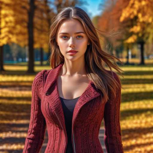 A young woman stands in a serene park, surrounded by trees adorned with vibrant yellow leaves. She is dressed in a striking red sweater layered over a black tank top, her long brown hair cascading down her back. Her blue eyes gaze directly into the camera, capturing a moment of stillness and beauty amidst the autumn foliage.