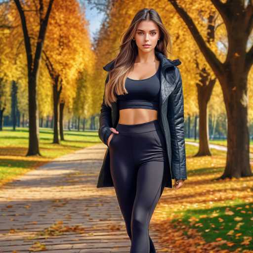 A young woman, likely in her early 20s, is captured walking down a brick pathway in a park during the fall season. She has long, wavy brown hair that cascades over her right shoulder, with a hint of blonde at the tips. Her complexion is fair, and she wears a black sports bra that reveals her toned midriff, paired with tight-fitting black leggings. Over her outfit, she dons a black leather jacket, adding a touch of edginess to her look. Her right hand is casually tucked into her pocket, while her left arm hangs loosely by her side. The background features a picturesque scene of trees adorned with vibrant yellow leaves, some of which have fallen and scattered across the grass and pathway. The sky above is a clear blue, indicating a bright, sunny day. The woman's expression is neutral, and she gazes directly at the camera, exuding a sense of confidence and poise.