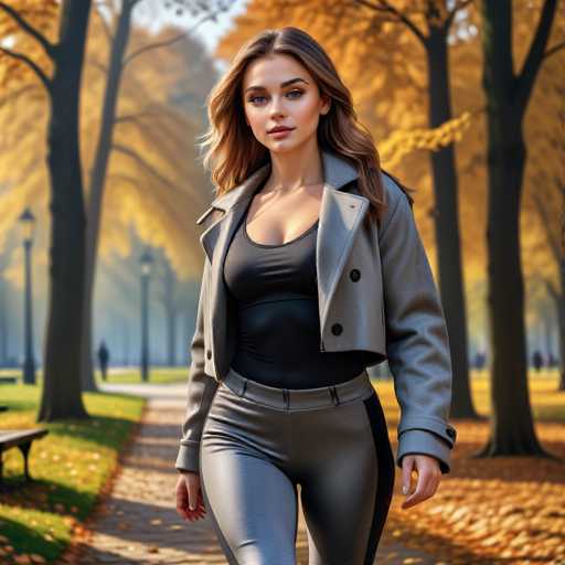 A woman is walking down a path lined with trees and lampposts on a sunny day. She is wearing a black tank top and gray pants, and her hair is styled in loose waves. The background features the vibrant colors of autumn leaves against a clear blue sky.