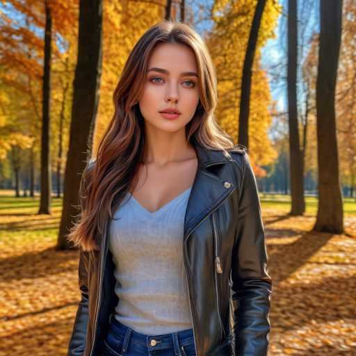 A young woman with long brown hair is standing in a park surrounded by trees and fallen leaves on the ground. She is wearing a black leather jacket over a gray shirt and blue jeans. The autumn colors of the trees create a warm and inviting atmosphere around her.