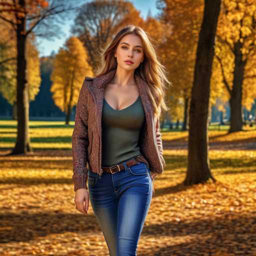 A woman is walking through an autumn park wearing a brown jacket and blue jeans with her hair pulled back into a ponytail. She is looking off to the side as she walks on a path lined with trees in the background.
