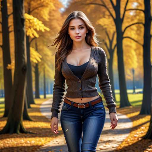 A young woman with long, wavy brown hair stands confidently on a paved pathway in a park during the fall season. She is dressed in a stylish ensemble consisting of a brown cardigan sweater, a black bra, and blue jeans. The autumn setting is evident from the golden leaves scattered on the ground and the trees adorned with vibrant yellow foliage. The woman's face is strikingly beautiful, with perfectly shaped eyebrows, a full mouth, and a well-defined nose. Her eyes are a captivating shade of blue, adding to her overall allure. She appears to be in her early 20s and is looking directly at the camera, exuding a sense of poise and self-assurance.