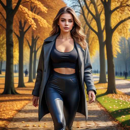 A highly detailed, AI-generated image depicts a woman walking down a park pathway. The scene is set in autumn, with trees lining both sides of the path, their leaves a vibrant yellow. The woman, who appears to be in her early 20s, has long, wavy brown hair cascading down to her chest. She is dressed in a black sports bra and matching black leather pants, complemented by a gray overcoat. Her face is strikingly realistic, with meticulously applied makeup that enhances her features. However, her hands are noticeably distorted, with one hand appearing to have only three fingers and the other resembling a claw. The overall composition is very lifelike, except for the hands, which reveal the image's AI origins.