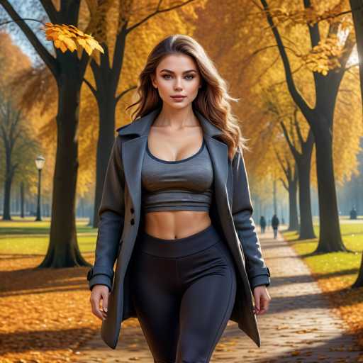 A highly detailed, AI-generated image depicts a woman walking down a park pathway. The scene is set in autumn, with trees lining both sides of the path, their leaves a vibrant yellow. The woman is dressed in a gray sports bra with a black trim and matching gray leggings. Over her outfit, she wears a long gray coat that is open at the front, revealing her midriff. Her long, wavy brown hair cascades down her shoulders, and she has a fair complexion. She appears to be in her early 20s. The park setting is serene, with a few other people visible in the background, adding to the sense of a peaceful autumn day.
