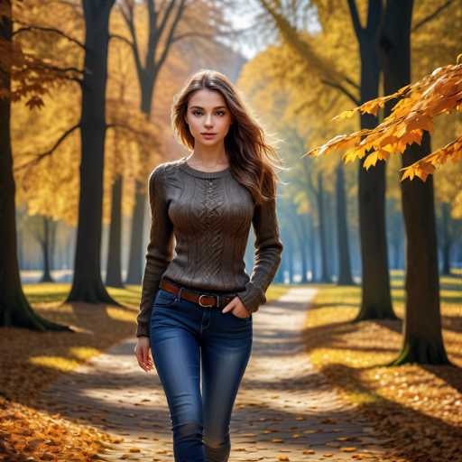 A young woman with long, wavy brown hair walks down a leaf-strewn path in a picturesque park. She is dressed in a brown cable-knit sweater and blue jeans, accessorized with a brown belt. Her right hand is casually tucked into her pocket, while her left hand hangs by her side. The path is flanked by trees adorned with vibrant yellow and orange leaves, some of which have fallen to the ground. The scene is bathed in sunlight, casting a warm glow on the woman's face and highlighting the serene autumn atmosphere.