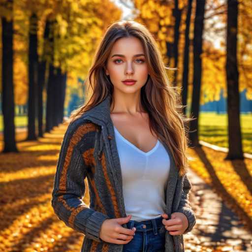 A captivating photograph captures a young woman standing on a sunlit autumn day. She has long, wavy brown hair cascading down to her chest, framing her face with a soft glow from the sunlight. Her striking blue eyes and full lips are accentuated by a touch of makeup, giving her a fresh and natural look. She is dressed in a white tank top layered under a cozy gray sweater adorned with orange stripes, paired with blue jeans. The woman stands confidently on a paved pathway, surrounded by a vibrant tapestry of fallen leaves in shades of yellow, orange, and brown. The ground is blanketed with these colorful leaves, creating a picturesque autumn scene. In the background, a line of trees with dark brown trunks and branches showcases a mix of yellow and green foliage, adding depth and texture to the image. The bright sunlight casts distinct shadows of the trees on the ground, enhancing the overall warmth and serenity of the moment.