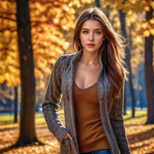 A woman with long brown hair is walking through a park during autumn. She is wearing an orange top and gray coat, which contrasts with the vibrant colors of the trees around her. The leaves on the trees are a mix of yellow and orange hues, indicating that it's fall season.