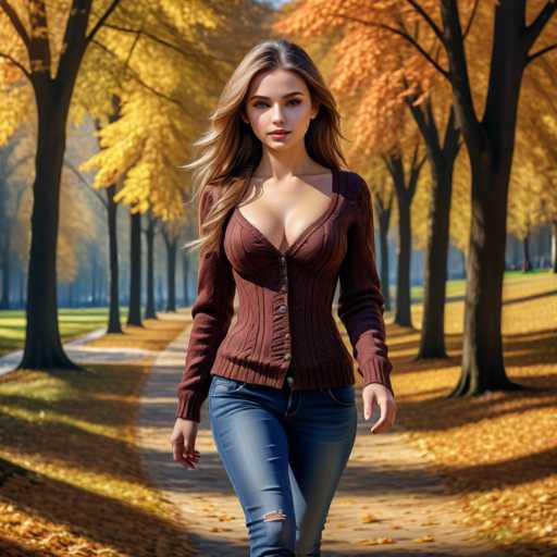 A highly detailed, AI-generated image depicts a woman walking down a leafy path in a park during autumn. The scene is bathed in warm sunlight, casting intricate shadows from the trees onto the ground. The woman, with long, flowing blonde hair, is dressed in a brown sweater and blue jeans. Her face, however, reveals the telltale signs of artificial generation: her eyes are asymmetrical, with one noticeably smaller than the other, and her nose appears slightly off. Her lips are painted a vivid red, and she has a full face of makeup. The sweater she wears is low-cut, revealing a significant amount of cleavage. Despite the realistic setting, the woman's facial features and body proportions subtly betray the image's digital origins.