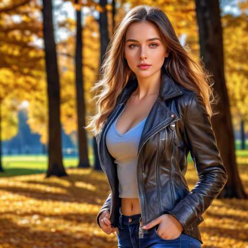 A young woman stands confidently in a picturesque autumn setting, her long brown hair cascading down to her chest. She is dressed in a stylish black leather jacket, unzipped to reveal a gray tank top that accentuates her midriff. Her outfit is completed with blue jeans, though the image cuts off just below her waist, obscuring the full view of her attire. She has fair skin and striking brown eyes, with her gaze directed slightly to the left, not quite meeting the camera. Her hands rest casually in her pockets, with her thumbs protruding slightly. The background features a serene park with tall trees adorned in vibrant yellow leaves, their shadows stretching across the ground. The scene is bathed in the warm glow of the setting sun, casting a golden hue over the entire landscape.