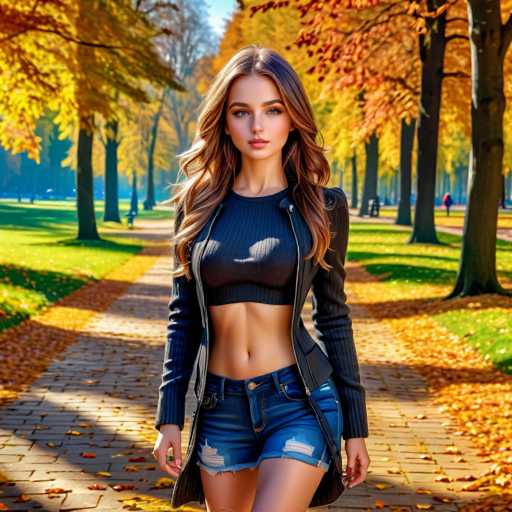 A woman with long brown hair is walking down a path lined with trees on the right side of the image. She is wearing a black jacket and blue jeans. The background features a mix of autumn colors including yellow leaves on the trees and green grass in the foreground.