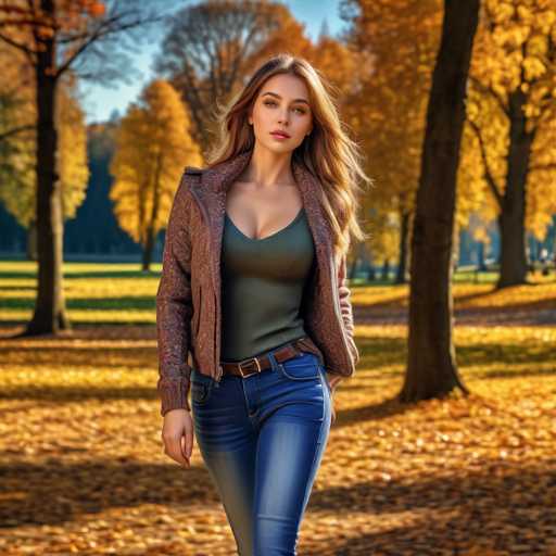 A young woman stands confidently in a picturesque park during the fall season. She is dressed in a stylish ensemble featuring a brown leather jacket with a subtle floral pattern, a green tank top, and blue jeans. Her long, wavy brown hair cascades down her shoulders, framing her face. The background reveals a serene landscape with trees adorned in vibrant yellow leaves, their shadows stretching across the ground. The park is blanketed with fallen leaves, creating a warm, autumnal atmosphere. The woman's striking blue eyes and full lips add to her captivating presence as she gazes directly at the camera.