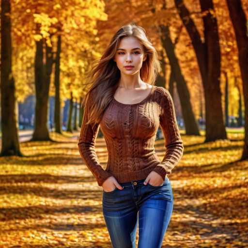 A young woman stands confidently in the middle of a serene park, surrounded by tall trees adorned with vibrant yellow leaves. The ground is carpeted with fallen leaves, creating a picturesque autumn scene. She is dressed in a stylish brown sweater with long sleeves, featuring a unique design that includes a button and a small hole in the center. Her outfit is completed with a pair of blue jeans, which have a noticeable button at the waistband. The woman's long brown hair cascades down her shoulders, framing her face. She has striking blue eyes and wears a subtle shade of pink lipstick, adding a touch of color to her composed expression. Her hands are casually tucked into her pockets, and she gazes directly at the camera, exuding a sense of calm and poise.