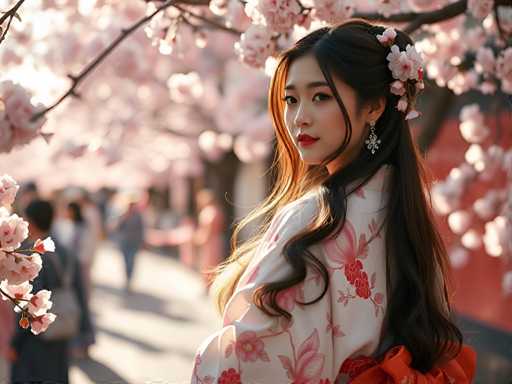 In this captivating photograph, a young Asian woman stands gracefully in the foreground, her long, dark hair adorned with delicate pink cherry blossoms. She wears a traditional white kimono embellished with pink floral patterns and a striking red sash around her waist. Her makeup is meticulously applied, featuring bright red lipstick that complements the vibrant blossoms in her hair. The woman's head is turned over her right shoulder, gazing directly at the camera with a serene expression. Behind her, a picturesque scene unfolds with a cherry blossom tree in full bloom, its branches heavy with pink flowers. The background is softly blurred, revealing a bustling street with people walking along a concrete path, and a red building with a black roof. The sunlight filters through the blossoms, casting a gentle glow on the woman's face and creating a dreamy, almost ethereal atmosphere.