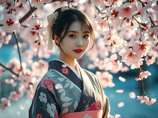 A captivating photograph features a young Asian woman, likely in her late teens or early twenties, dressed in a traditional kimono. The kimono is adorned with a delicate floral pattern in shades of pink, white, and blue, with a prominent sash around her waist. Her dark hair is elegantly styled into a bun, accentuated by a white ribbon and additional floral decorations. She wears striking red lipstick and gazes directly at the camera with a serene expression. The background is a soft blur of blue hues, suggesting a serene sky or water, while the foreground is filled with branches heavy with pink cherry blossoms, some of which are gently falling around her. The overall composition creates a harmonious blend of traditional elements and natural beauty, highlighting the woman's graceful presence.