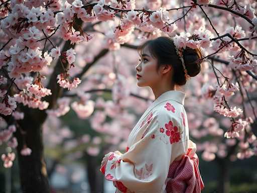 In this captivating photograph, a young Asian woman stands gracefully beneath a canopy of cherry blossom trees, their delicate pink and white flowers in full bloom. She is adorned in a traditional kimono, predominantly white with intricate red and pink floral patterns, and a matching red obi sash tied around her waist. Her dark hair is elegantly styled in a bun, accentuated by a headband or hair clip that adds a touch of sophistication. The woman's gaze is directed to the left, her expression serene and contemplative, as she stands with her hands gently clasped in front of her. The background is softly blurred, drawing attention to her and the lush, flowering trees that envelop her, creating a picturesque and tranquil scene.