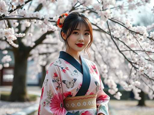 In this captivating photograph, a young Asian woman stands gracefully in front of a tree adorned with delicate white and pink blossoms, likely cherry blossoms. She is elegantly dressed in a traditional kimono, predominantly white with intricate designs featuring butterflies, flowers, and leaves. The kimono is accentuated by a dark blue collar and a gold obi sash with white circular patterns. Her hair is styled in a bun, adorned with a vibrant red and white flower, and she wears striking red lipstick that complements her serene expression. The background is softly blurred, highlighting the tree's branches and blossoms while hinting at a distant building and a road. The overall composition exudes a sense of tranquility and cultural richness.