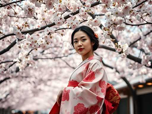 A young woman is standing under a cherry blossom tree with white flowers and pink blossoms on it. She is wearing a traditional Japanese kimono that has red and white floral patterns. The background of the image features a building with a black roof and white walls.