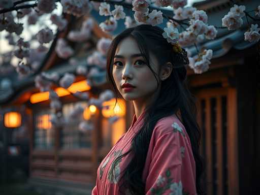This image features a young Asian woman, likely in her late teens or early twenties, standing in front of a traditional Japanese-style house. She has long, dark hair styled in a ponytail that drapes over her right shoulder, with a few loose strands framing her face. Her hair is adorned with a black hair clip and a yellow flower. She wears a pink kimono decorated with white and green floral patterns, and her makeup includes pink lipstick. The woman is positioned in profile, facing left, but her head is turned towards the camera, with her gaze directed slightly to the left. 

In the background, a cherry blossom tree with white flowers is visible, adding a touch of nature to the scene. The house behind her has a brown exterior with a black roof, and it is illuminated by warm yellow lights, suggesting it is evening. The overall composition of the image is serene and picturesque, capturing a moment of quiet beauty.
