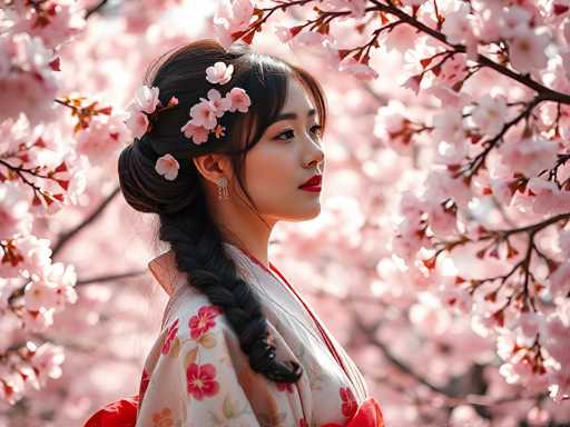 In this captivating photograph, a young Asian woman stands gracefully in front of a tree adorned with delicate pink cherry blossoms. She is dressed in a traditional kimono, predominantly white with intricate floral patterns featuring pink and red flowers, and a striking red sash around her waist. Her long, dark brown hair is styled in a braid that drapes over her shoulder, and she wears a silver earring with dangling elements. Her makeup is elegantly done, with bold red lipstick and dark eyebrows accentuating her features. The woman gazes thoughtfully to the right, her expression serene and contemplative. The background is softly blurred, highlighting the tree's branches and blossoms, creating a dreamy, almost ethereal atmosphere that complements the beauty of the scene.