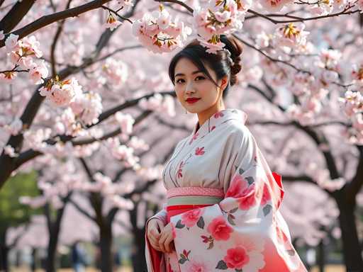 A young woman stands in front of a tree with pink flowers and red leaves, wearing a traditional Japanese kimono with white sleeves and a pink floral pattern on the skirt.