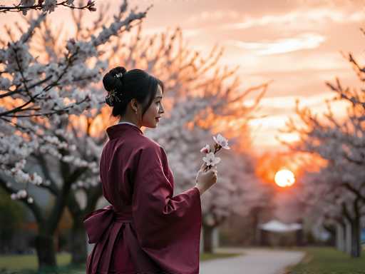 A young woman in a traditional Japanese kimono stands gracefully amidst blooming cherry blossom trees, holding delicate pink flowers. The scene is bathed in the warm glow of a setting sun, creating a soft, ethereal atmosphere. Her dark hair is styled in an elegant updo adorned with floral accents, and she gazes towards the horizon with a serene expression. The background is softly blurred, emphasizing her presence and the beauty of the blossoms.