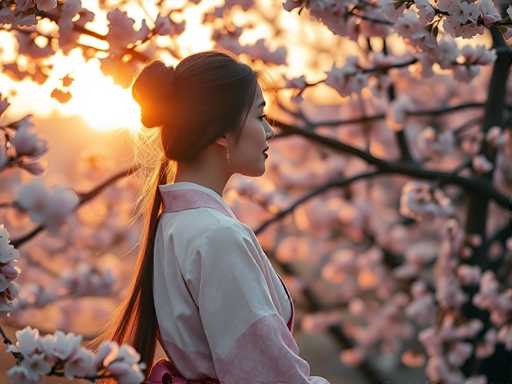 A captivating photograph features a young Asian woman standing in profile, facing to the right. She is adorned in a traditional kimono, predominantly white with pink accents on the collar and sleeves. Her long, dark hair is elegantly styled into a bun at the back of her head, with a ponytail cascading down her back. She wears delicate gold earrings, adding a touch of elegance to her appearance. The background is softly blurred, highlighting a tree adorned with pink blossoms, likely cherry blossoms, and bathed in the warm, golden light of a setting sun. The overall composition exudes a serene and timeless beauty, capturing a moment of quiet grace.