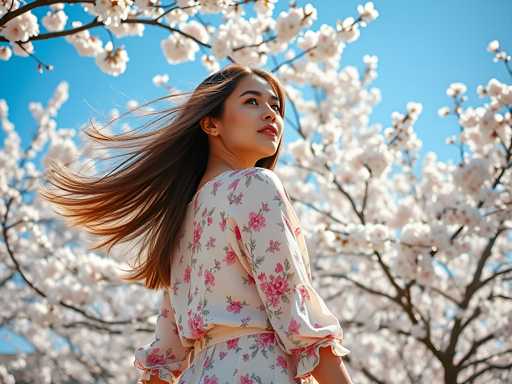 A young woman with long brown hair is standing under a tree filled with white flowers and wearing a white dress with pink floral patterns.