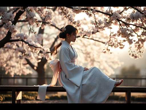 In this captivating photograph, a young Asian woman is elegantly seated on a wooden bench, her body facing the camera while her head is turned to the right. She is adorned in a traditional white kimono, intricately detailed with a floral pattern, and cinched at the waist with a pink sash that gracefully drapes over the back of the bench. Her dark hair is styled in a bun, accentuated by a decorative clip, and a long ponytail cascades down her back. She wears delicate white earrings and red sandals, adding a pop of color to her serene ensemble. The background features a stunning cherry blossom tree in full bloom, its branches heavy with white and pink blossoms. The scene is bathed in the warm, golden light of a setting sun, which casts a gentle glow over the woman and the bench, enhancing the tranquil and picturesque atmosphere.