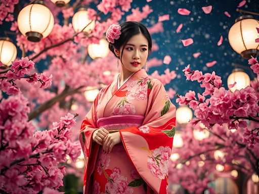 A beautiful young woman in a pink and red kimono, adorned with cherry blossoms, stands gracefully amidst blooming cherry blossom trees. She wears a pink obi and has a pink flower in her hair, with delicate earrings adding to the elegant look. The background is a soft blue sky dotted with falling pink petals, creating a dreamy and serene atmosphere. Soft lanterns hang in the background, adding to the traditional Japanese aesthetic. The overall lighting is soft and warm, highlighting the woman's gentle expression and the delicate blossoms.