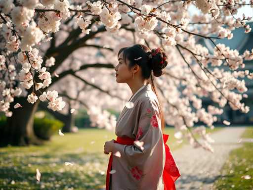 In this captivating photograph, a young Asian woman stands gracefully in a serene park, surrounded by the beauty of nature. She is adorned in a traditional kimono, predominantly gray with delicate pink and green floral patterns. The kimono is cinched at her waist with a vibrant red sash, which also drapes elegantly over her shoulder. Her long, dark hair is styled in a bun, accentuated with a red and white hair clip, and she wears a single hoop earring that adds a touch of elegance to her appearance. Her lips are painted a striking red, complementing her overall look.

The woman stands in profile, facing left, with her hands gently clasped in front of her. She gazes thoughtfully into the distance, her expression serene and contemplative. Above her, a large tree with numerous branches adorned with white and pink cherry blossoms stretches across the top of the image, creating a natural canopy. Some petals are seen gently falling around her, adding to the ethereal atmosphere.

The background is softly blurred, drawing focus to the woman and the tree. However, one can discern a stone pathway winding through the park, bordered by green grass and bushes. In the distance, a building peeks through the foliage, adding a subtle hint of civilization to this otherwise tranquil scene. The overall composition captures a moment of quiet beauty and cultural elegance.