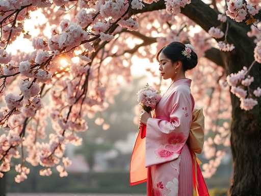 In this captivating photograph, a young Asian woman stands gracefully beneath a large cherry blossom tree, which is in full bloom with delicate pink flowers. She is adorned in a traditional pink kimono, intricately decorated with floral patterns, and a vibrant red sash that drapes elegantly from her waist to her back. Her dark hair is styled in a bun, accentuated by a white and pink flower tucked into it, and she wears a single pearl earring. The woman's gaze is directed to the left, her eyes closed, and her lips painted a soft pink, as she holds a bouquet of white and pink flowers in her left hand. The background is softly blurred, revealing hints of green grass, trees, and a distant building, with sunlight filtering through the branches, casting a serene glow over the scene.