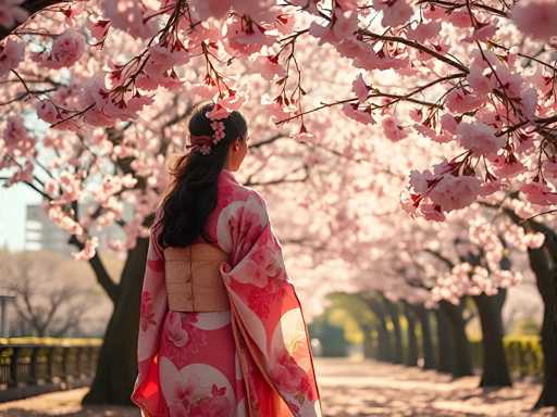 In this captivating image, a woman stands gracefully on a wide, paved pathway lined with towering cherry blossom trees on either side. The trees are in full bloom, their delicate pink and white blossoms creating a stunning canopy overhead. Sunlight filters through the branches, casting a warm glow on the scene. The woman, dressed in a traditional kimono, has her back to the camera. Her long, dark hair cascades down her back, adorned with a red ribbon and a matching red flower. The kimono she wears is a vibrant pink, decorated with large white circles and intricate floral patterns. A tan corset-like band cinches her waist, adding to the elegance of her attire. The pathway stretches into the distance, bordered by lush greenery and a railing on the left. In the background, a tall building peeks through the trees, adding an urban touch to this serene natural setting.