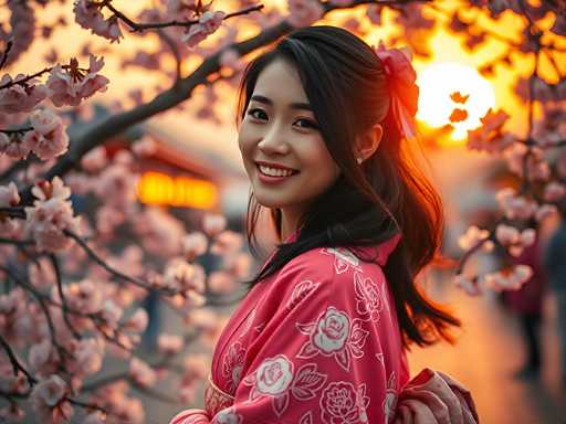 In this captivating photograph, a young Asian woman stands gracefully in the center, her long black hair adorned with a pink bow. She wears a traditional pink kimono decorated with white roses and green leaves, and her face is lit up with a warm smile, revealing her top teeth. Her dark eyes and eyebrows frame her serene expression as she gazes directly at the camera. The background features a stunning sunset, casting a golden-orange glow across the scene. To her left, a tree branch with delicate pink cherry blossoms extends into the frame, while to her right, a blurred figure in a red jacket and black pants stands on a sidewalk. The overall composition is enhanced by the soft, out-of-focus elements, including a building with a neon sign and a street, creating a dreamy, almost ethereal atmosphere.