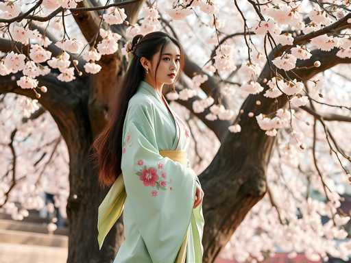 A woman dressed in traditional Chinese clothing stands in front of a tree with pink flowers and branches adorned with white blossoms.