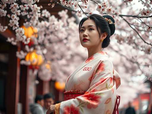 A young woman wearing a traditional Japanese kimono stands in front of a cherry blossom tree with pink flowers and yellow lanterns hanging from the branches.