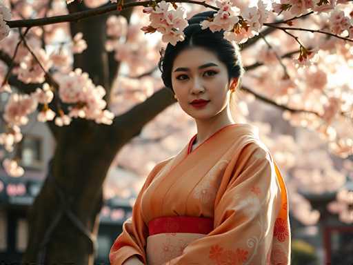A beautiful woman in a traditional orange kimono with a red obi, adorned with delicate cherry blossoms, stands gracefully amidst a blooming cherry blossom tree. The soft, warm light of the setting sun bathes the scene in a gentle glow, highlighting the intricate details of her kimono and the delicate blossoms. Her dark hair is styled in an elegant updo, framing her serene face with a soft smile. The background is softly blurred, drawing focus to the woman and the blossoms in the foreground.