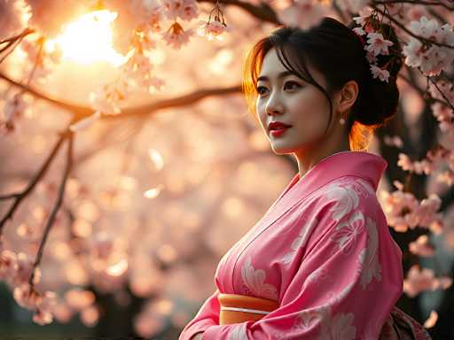 In this captivating photograph, a young Asian woman stands gracefully in front of a cherry blossom tree, bathed in the warm glow of the setting sun. She is adorned in a traditional pink kimono, intricately patterned with white cherry blossoms, and cinched at the waist with an orange obi sash featuring a white stripe. Her dark hair is elegantly styled in a bun, accentuated by a red hair tie, and she wears delicate earrings. Her makeup is subtle yet striking, with red lipstick and a touch of blush on her cheeks. The woman gazes thoughtfully to the left, her expression serene and contemplative. The background is softly blurred, highlighting the tree's branches adorned with white cherry blossoms, while the sun, partially obscured by the branches, casts a gentle light that enhances the overall warmth and tranquility of the scene.