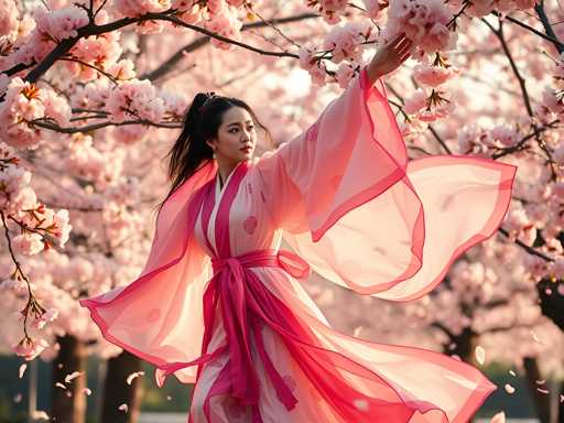 A woman is captured mid-dance in a pink and white traditional Chinese dress with a long train flowing behind her as she twirls on the right side of the image. The background features trees adorned with pink flowers, creating an ethereal atmosphere.