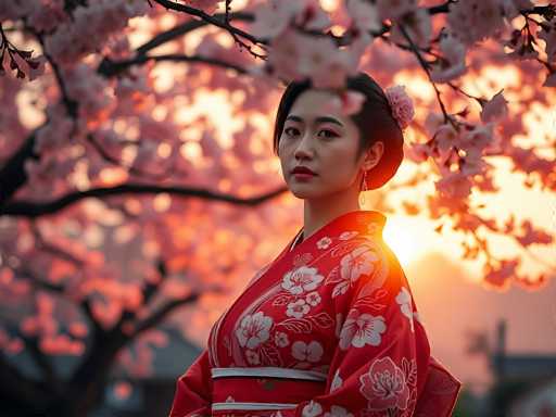 In this captivating photograph, a young Asian woman stands gracefully in front of a vibrant cherry blossom tree, bathed in the warm hues of a setting sun. She is adorned in a striking red kimono, intricately patterned with white and pink cherry blossoms, and cinched at the waist with a white sash. Her dark hair is elegantly styled in a bun, accentuated by a delicate pink flower tucked behind her ear. She gazes directly at the camera with a serene expression, her lips painted a soft pink. The background is softly blurred, highlighting the tree's branches and blossoms, while the sun casts a gentle glow, creating a harmonious blend of pink, orange, and yellow tones that enhance the overall beauty of the scene.
