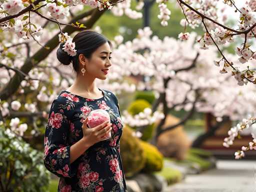 In this captivating photograph, a young Asian woman stands gracefully in a serene garden, surrounded by the delicate beauty of cherry blossom trees in full bloom. She is adorned in a dark blue dress, intricately patterned with vibrant red and white flowers, which complements the natural setting around her. Her dark hair is elegantly styled in a bun, and she wears long, dangling earrings that add a touch of sophistication to her appearance. The woman's expression is serene and content as she gazes off to the right, holding a clear glass jar filled with pink flowers, possibly cherry blossoms, close to her chest. The background, though slightly blurred, reveals a picturesque landscape of lush green trees and bushes, with a stone pathway winding through the garden. The soft light filtering through the cherry blossom branches enhances the tranquil and enchanting atmosphere of the scene.