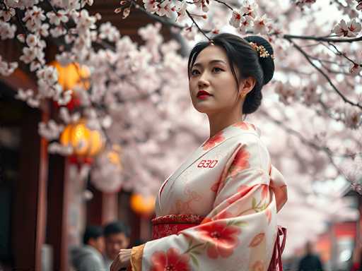 In this captivating photograph, a young Asian woman stands gracefully in the center, adorned in a traditional kimono. Her hair is elegantly styled in a bun, accentuated by a delicate flower and a small hairpin. She gazes thoughtfully to the left, her lips painted a striking red. The kimono she wears is predominantly white, adorned with vibrant red flowers and green leaves, and features the number "630" in bold red on the left side. A red sash cinches her waist, adding to the kimono's elegance. The background is softly blurred, revealing a cherry blossom tree in full bloom, its branches extending over her head. To the left, a building with a brownish-red hue is visible, adorned with yellow lanterns hanging from its roof. The scene is further animated by the presence of two men in the bottom left corner, adding depth and context to this serene and picturesque moment.