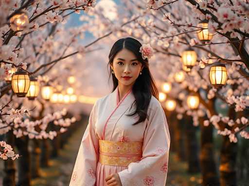 In this captivating photograph, a young Asian woman stands gracefully in the center of a serene, tree-lined path. She is adorned in a traditional pink kimono, accentuated by a yellow obi sash tied around her waist. Her long, dark hair cascades over her left shoulder, adorned with a delicate pink flower. The woman's expression is serene, with her mouth closed and her gaze directed straight at the camera, exuding a sense of calm and poise.

The path she stands on is flanked by rows of cherry blossom trees, their branches heavy with pink and white blossoms. These trees are illuminated by soft, amber-colored lanterns hanging from their limbs, casting a warm glow over the scene. The background is slightly blurred, emphasizing the woman while creating a dreamy, almost ethereal atmosphere. Above, patches of blue sky peek through the canopy of blossoms, adding a touch of brightness to the otherwise muted palette. The overall composition of the image is both beautiful and tranquil, capturing a moment of serene elegance amidst nature's splendor.